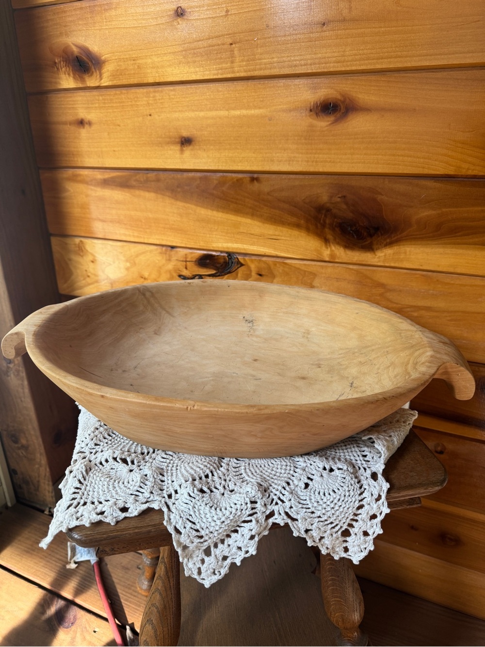 Hand-Carved Natural Wood Dough Bowl with Handles - Natural